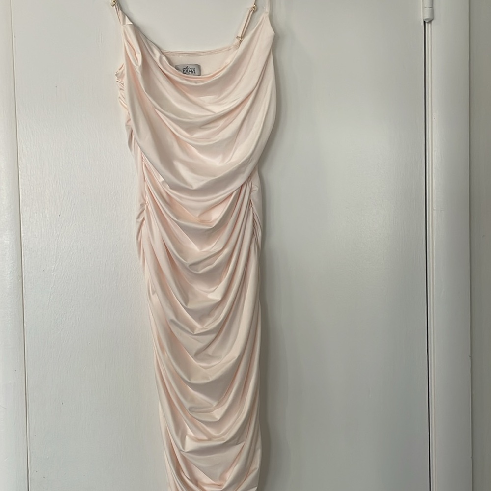 Oh Polly Ruched Cowl Neck Midi Dress in Ivory